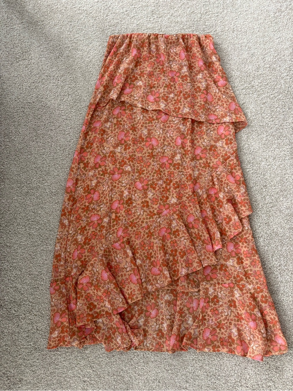 Free People Coral and Pink Floral Ruffle Maxi Skirt